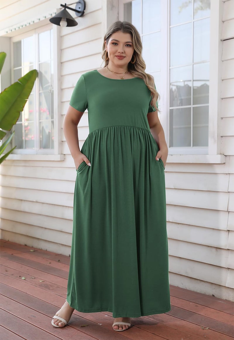 Nemidor Plus Size Maxi Dresses for Curvy Women Summer Casual Loose Short Sleeve Long Beach Dress with Pocket(149,20,Green) - Image 3